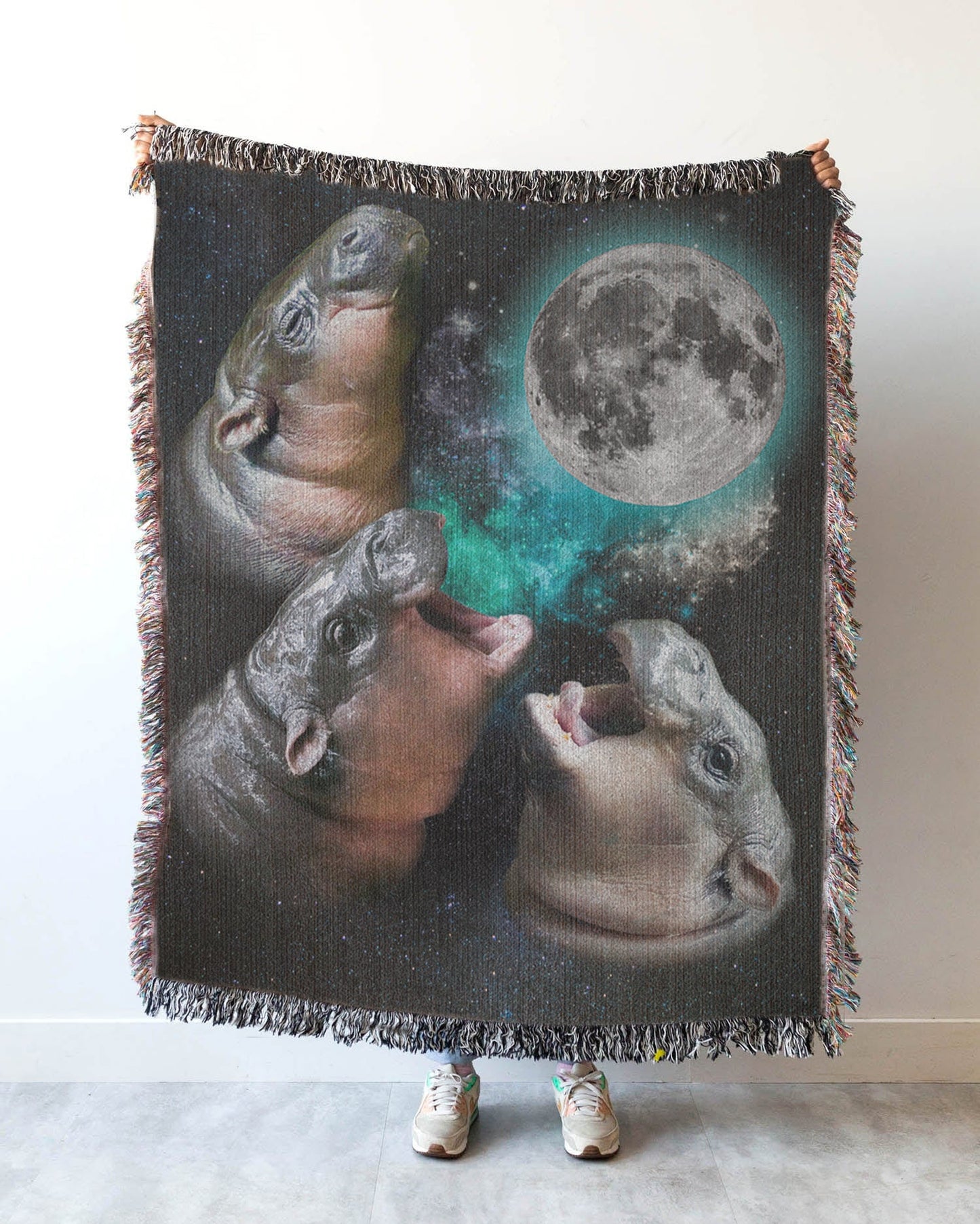 Funny Moo Deng Howling At Moon Retro Woven Blanket - KILLER RETRO