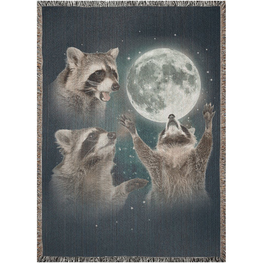 Three Raccoons Howling at Moon Retro Woven Blanket - KILLER RETRO